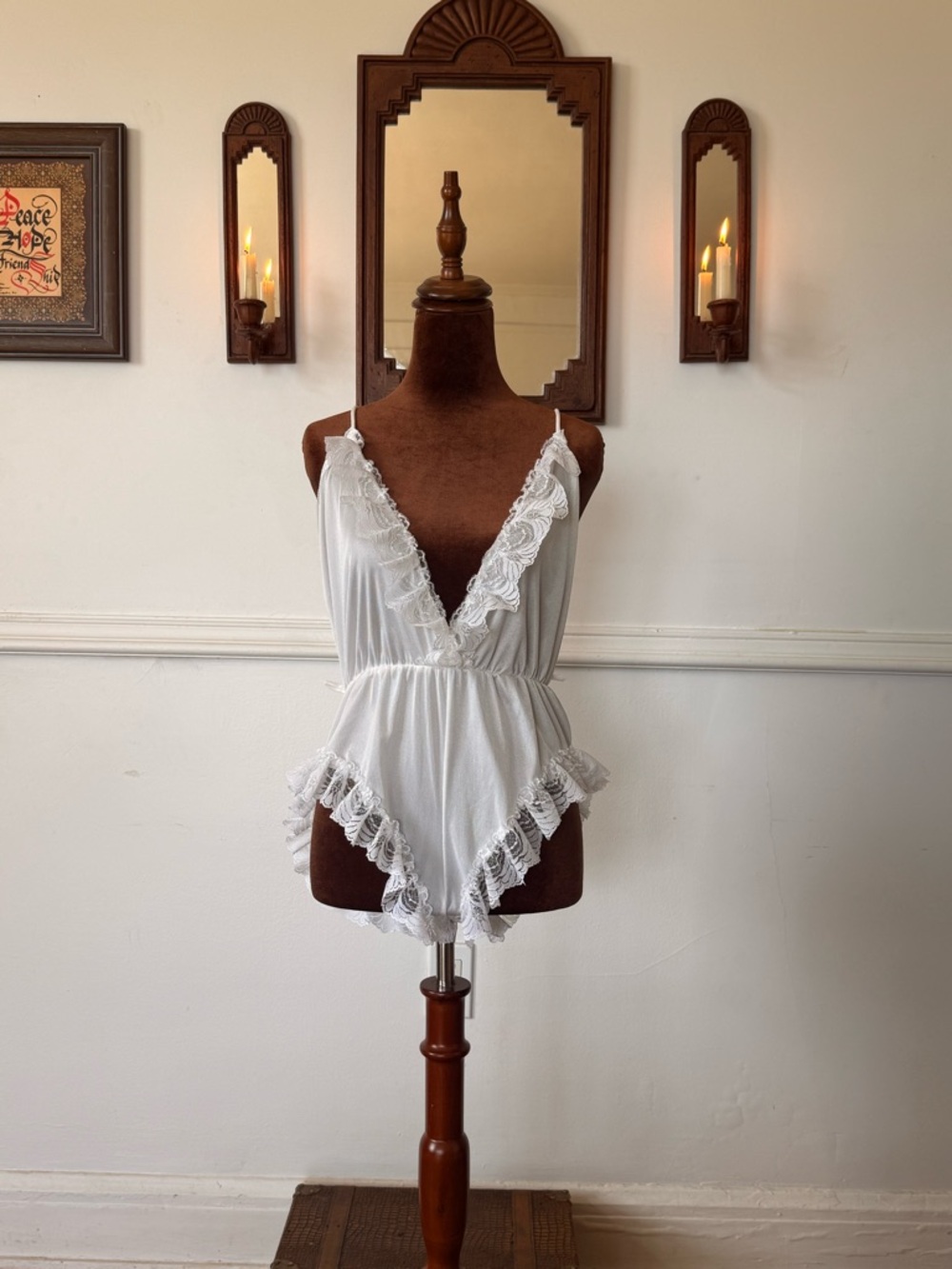 Vintage White Lace Trim Deep V Romper Bodysuit - Women's Intimates